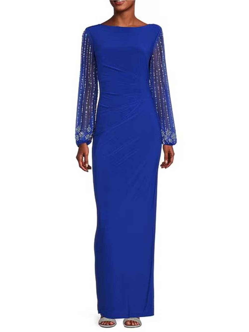 Marina Long Sleeve Boatneck Matte Jersey Gown - Colbalt